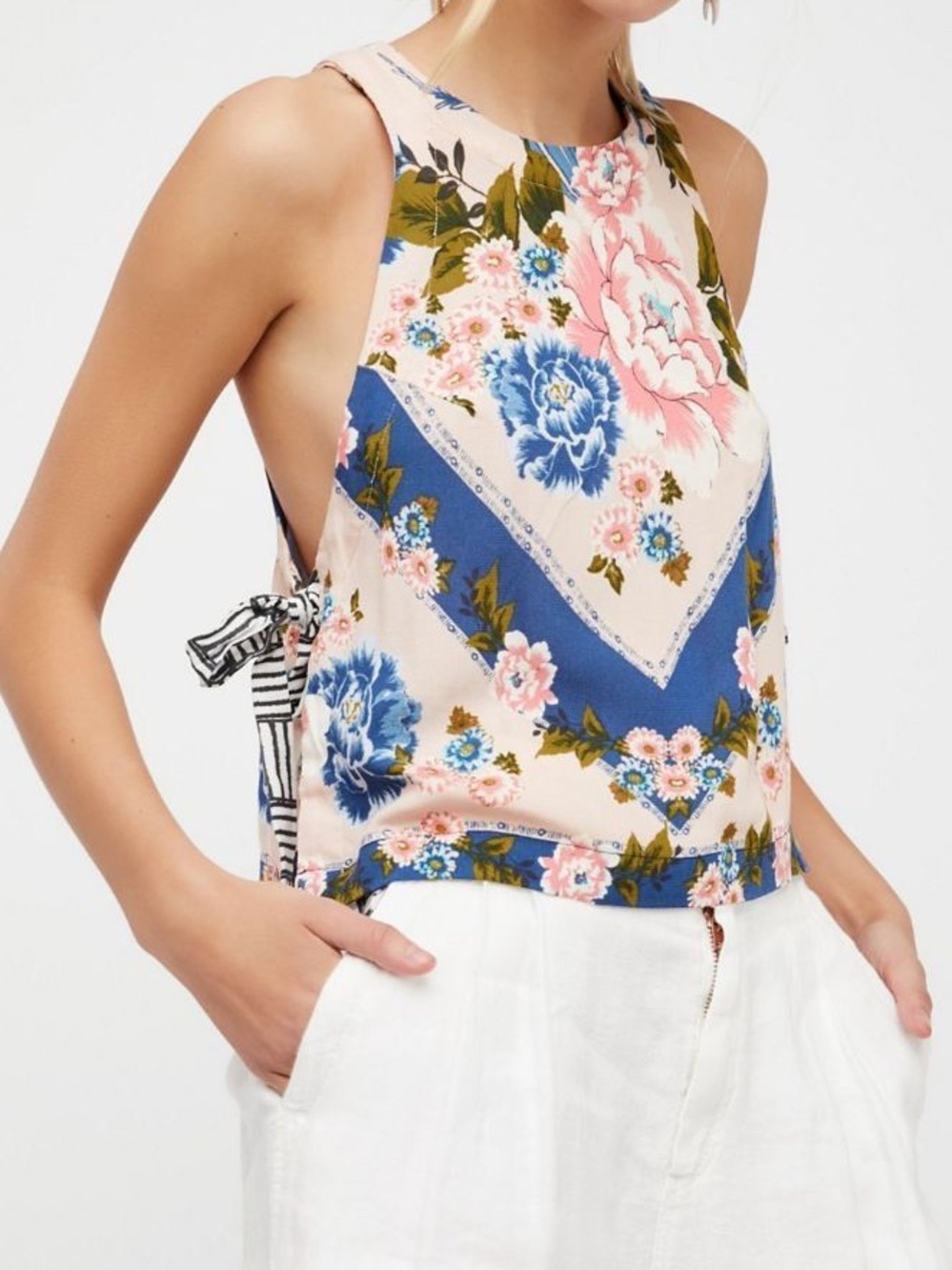 Free People Pink & Blue Floral Side Tie Tank Top Size Medium